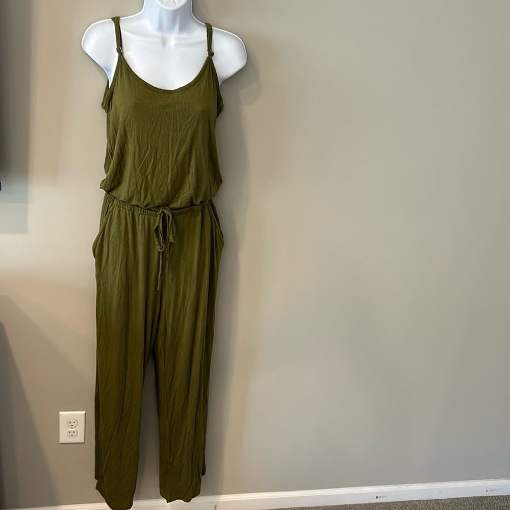 Women's Military Green Round Neck Spaghetti Strap Drawstring Waist Jumpsuit M